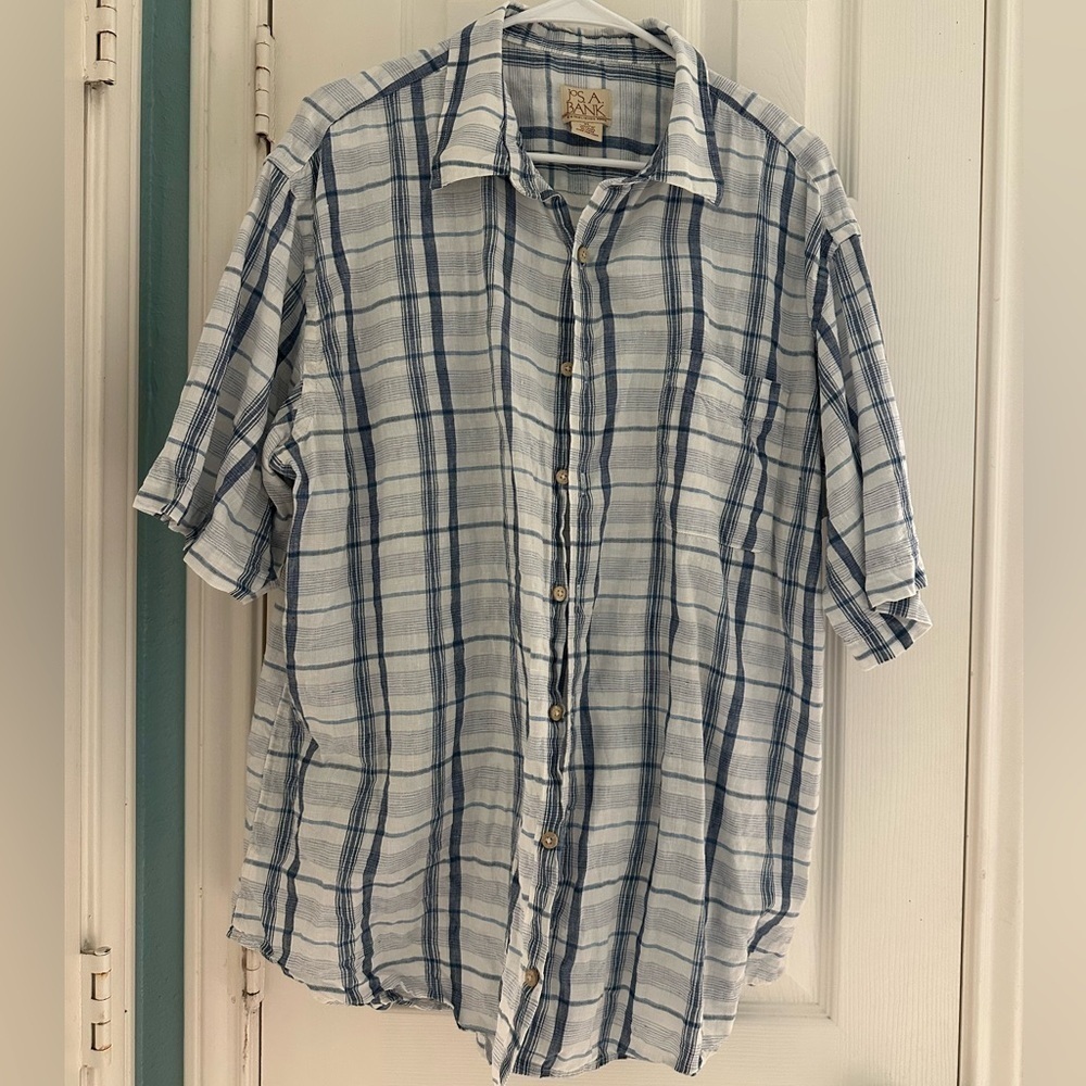 Jos. A. Bank 100% Linen Blue and White Plaid Short Sleeve Shirt size XL